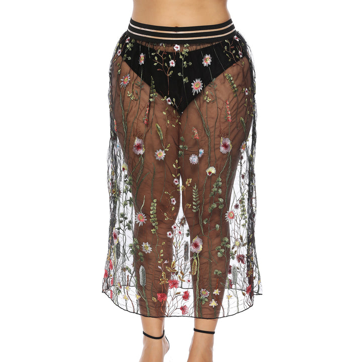 Dame Floral Broderet Gennemsigtig Maxi Nederdel Stilla