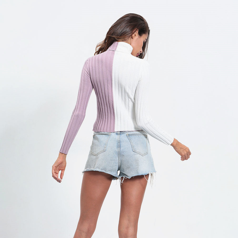 Dame rullekrave sweater med kontrasterende ribstrik detaljer Stilla