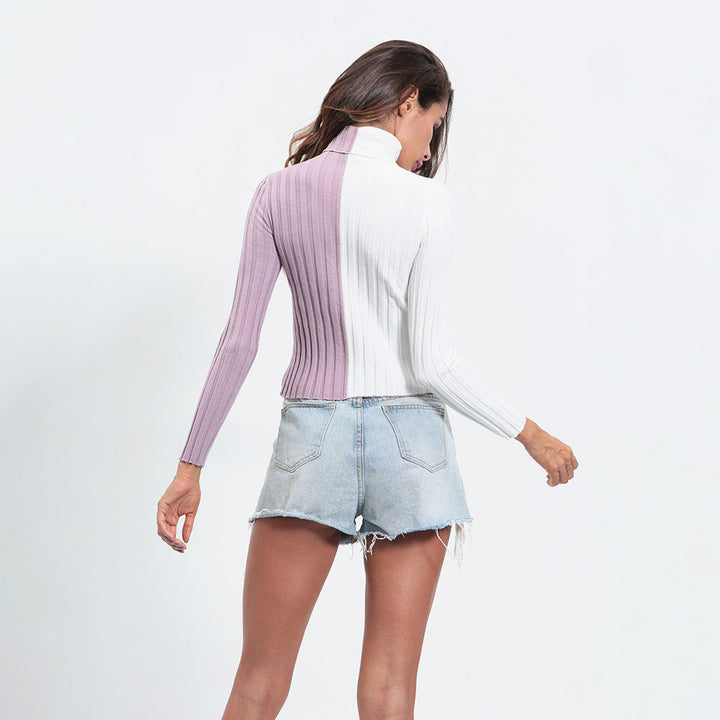Dame rullekrave sweater med kontrasterende ribstrik detaljer Stilla