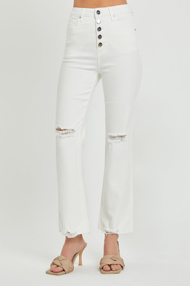 Stilla | Full Size Høj Talje Knap-gennemsigtig Lige Ankler Jeans