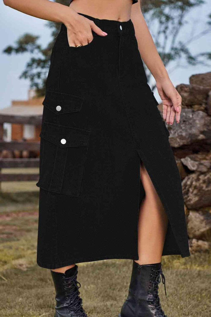 Stilla | Front Midi Denim Skirt Med Lommer