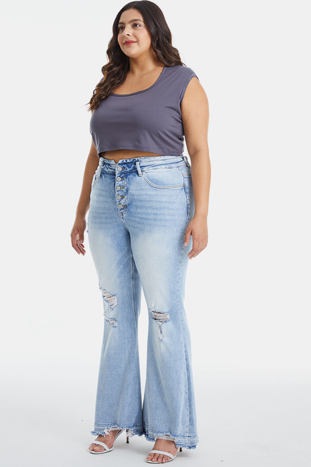 Stilla | Full Size Distressed Raw Hem Høj Talje Flare Jeans