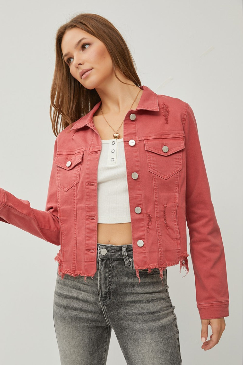 Stilla | Raw Hem Knap Op Forkortet Denim Jakke