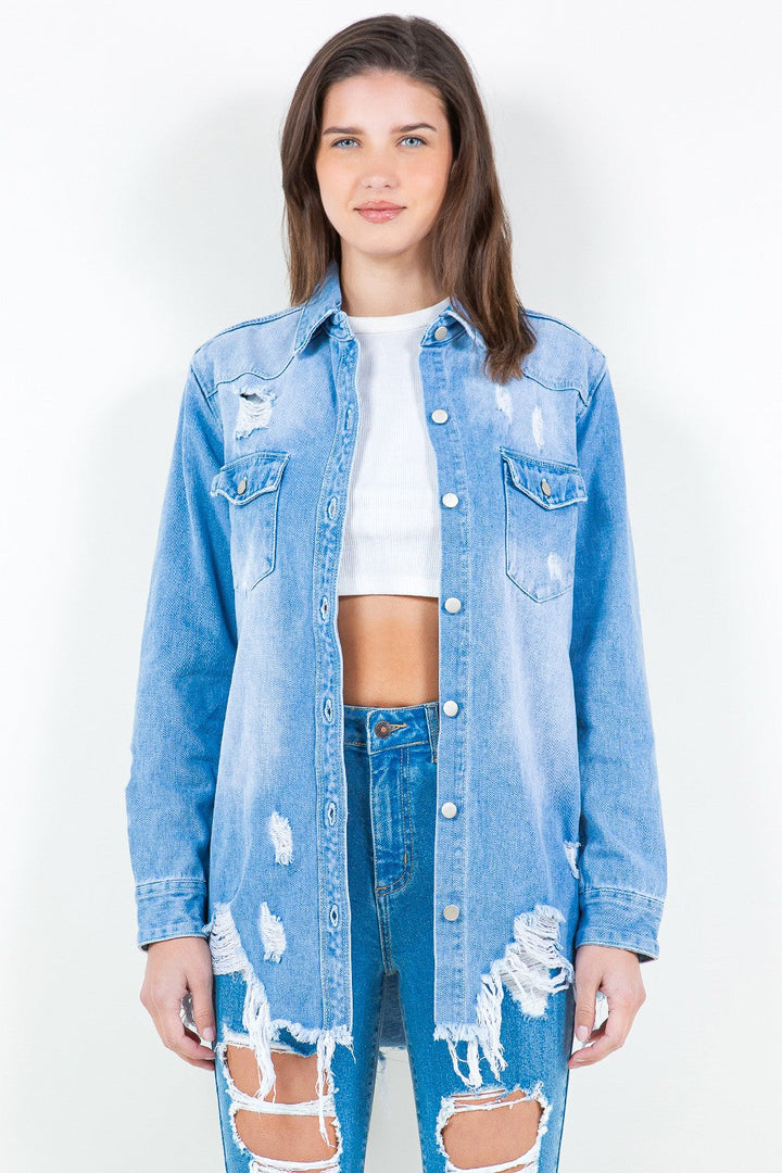 Stilla | Bazi Frayed Hem Distressed Denim Shirt Jacket