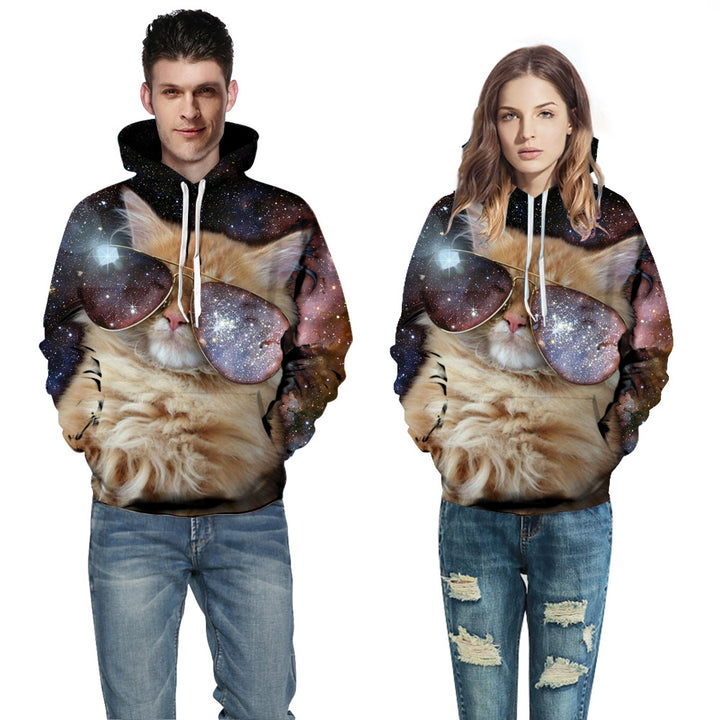Herrer Sweatshirt med hætte med kreativt kattemotiv og galaktisk design Stilla