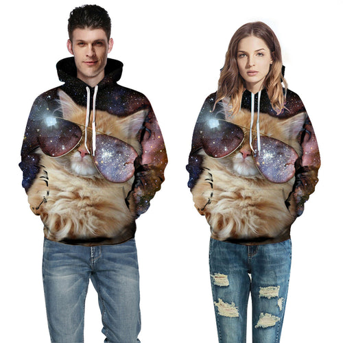 Herrer Sweatshirt med hætte med kreativt kattemotiv og galaktisk design Stilla