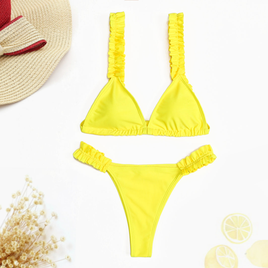 Dame Triangel-Bikini med flæser og farverigt design Skovae