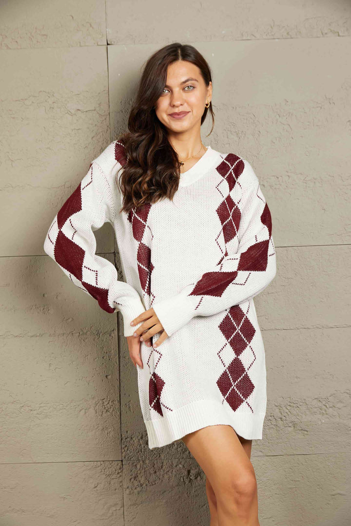 Stilla | Højre Argyle V-hals Ribbet Kant Sweater Kjole