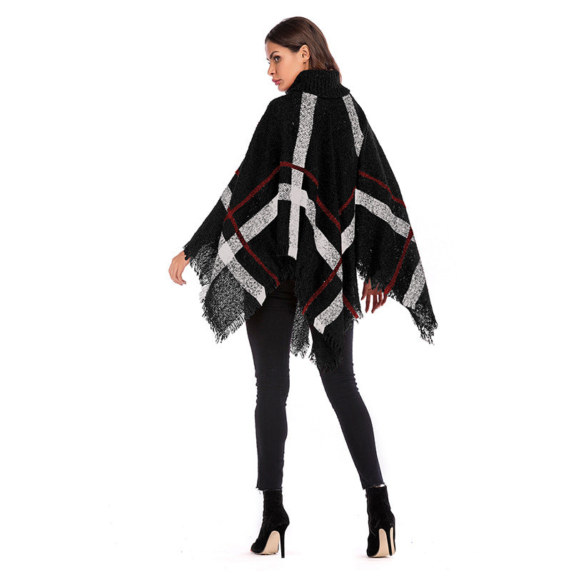 Damernes oversized poncho med rullekrave og afslappet ternet mønster Stilla