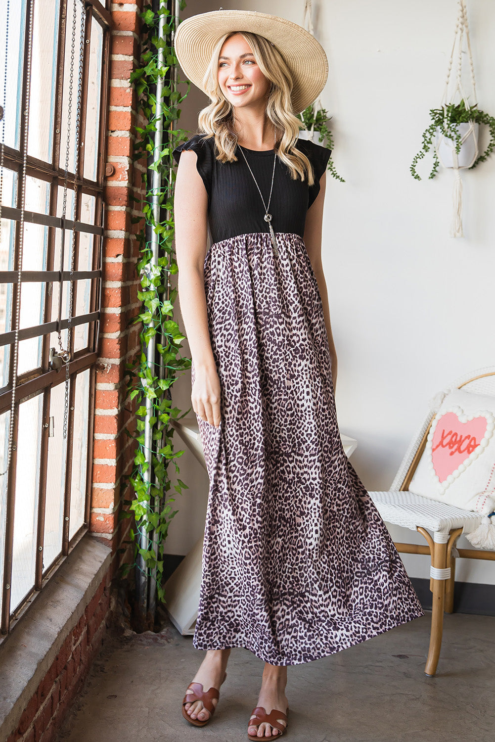 Stilla | Print Rund Hals Maxi Kjole Med Lommer