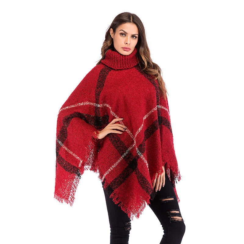 Damernes oversized poncho med rullekrave og afslappet ternet mønster Stilla