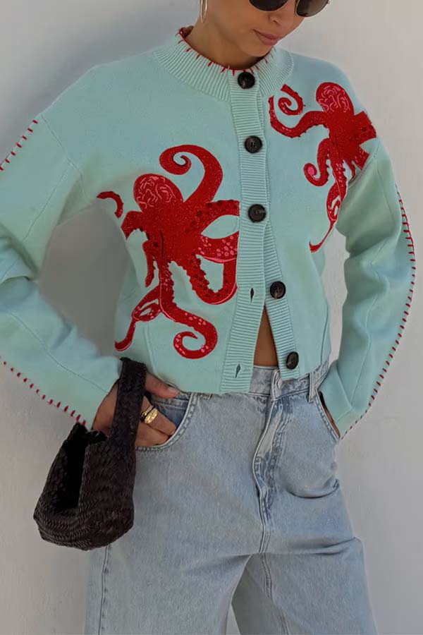 Stilla | Cozy Beach Strik Cardigan med Nautisk Blæksprutte Design