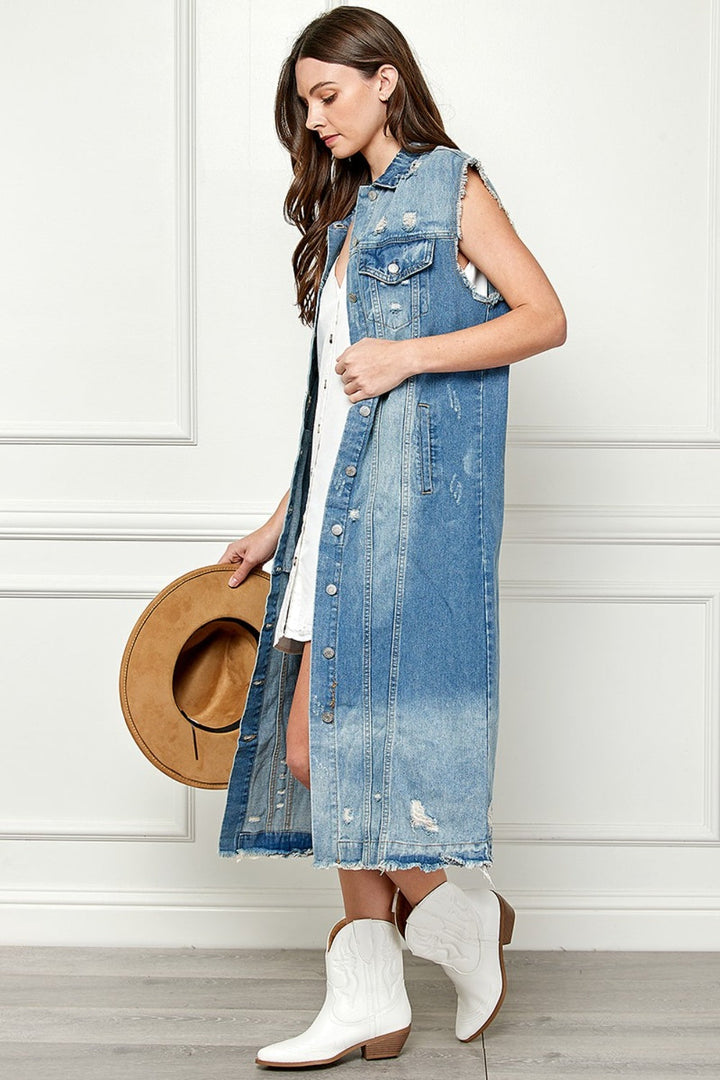 Stilla | Full Size Distressed Without Sleeves Longline Denim Jacket