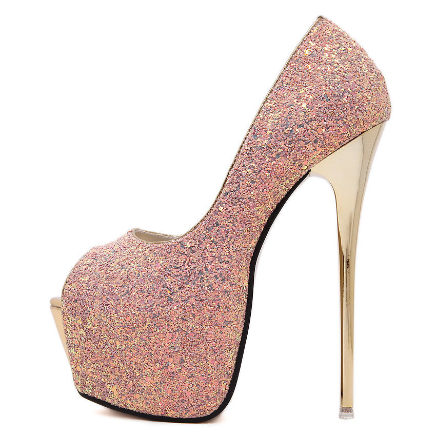 Dame Glamourøse Peep-Toe Pumps med glitrende overflade og gyldne detaljering Stilla