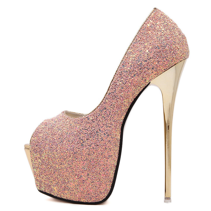 Dame Glamourøse Peep-Toe Pumps med glitrende overflade og gyldne detaljering Stilla