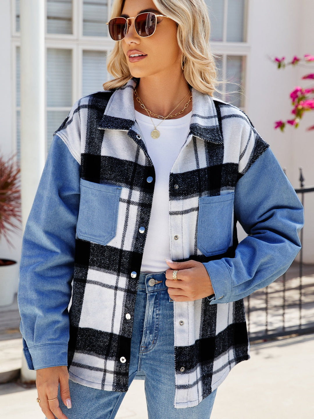 Stilla | Plaid Snap Down Denim Jakke