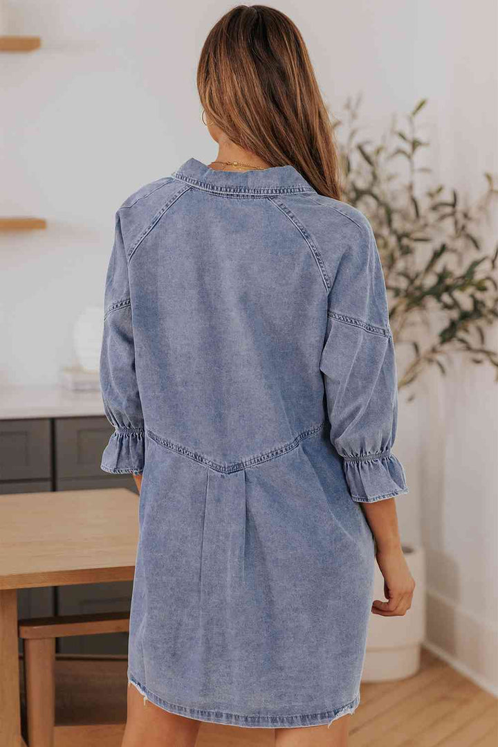 Stilla | Hals Flounce Ærme Denim Mini Kjole