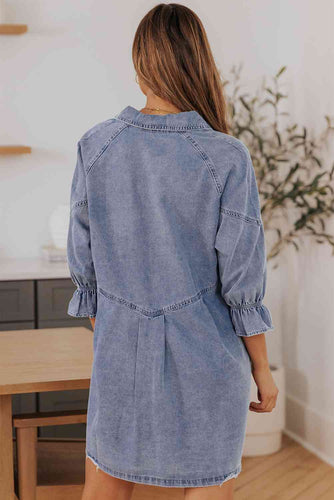 Stilla | Hals Flounce Ærme Denim Mini Kjole