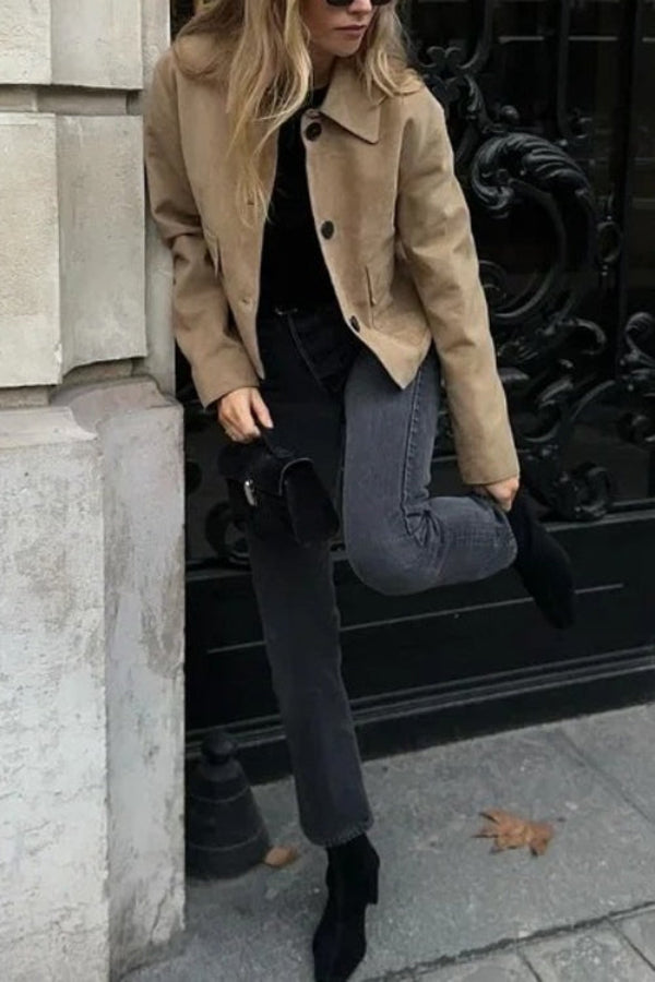 Stilla | Knaplukning Lomme Faux Suede Crop Jakke