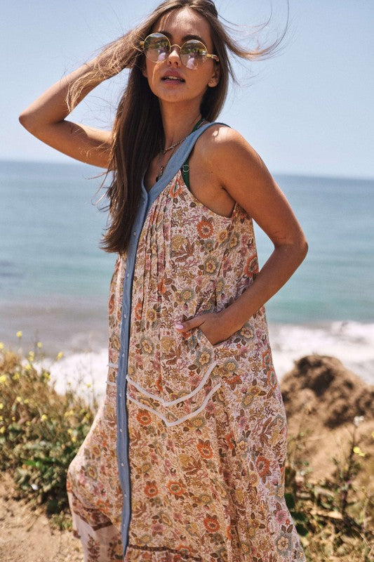 Stilla | Border Printet V-hals Ærmeløs Maxi Kjole