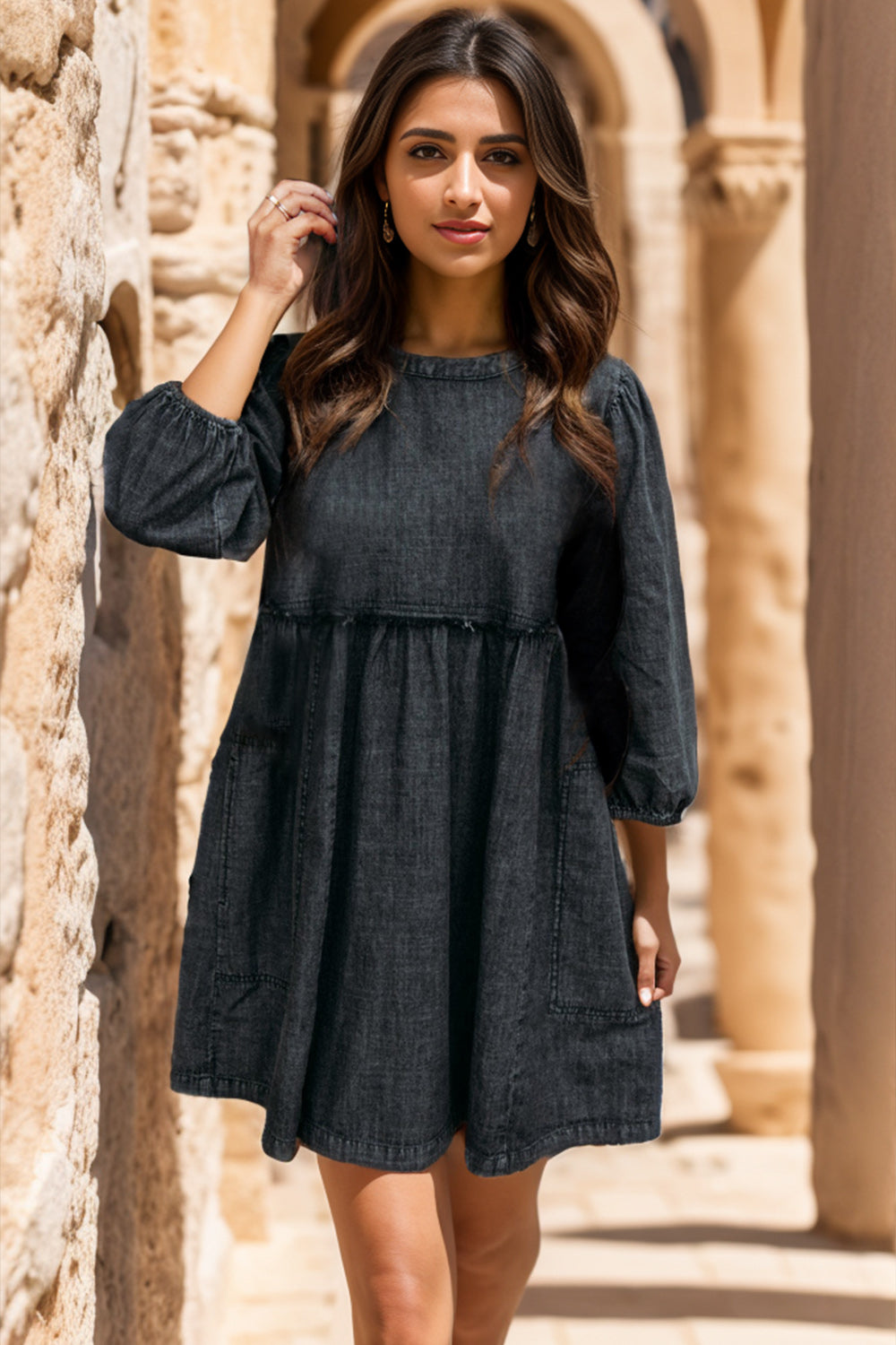 Stilla | Neck Balloon Sleeve Mini Denim Kjole