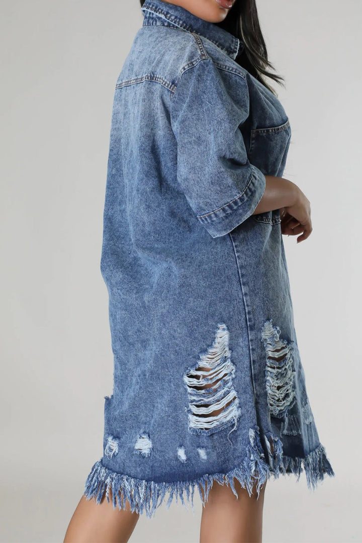 Stilla | Raw Hem Button Up Denim Kjole