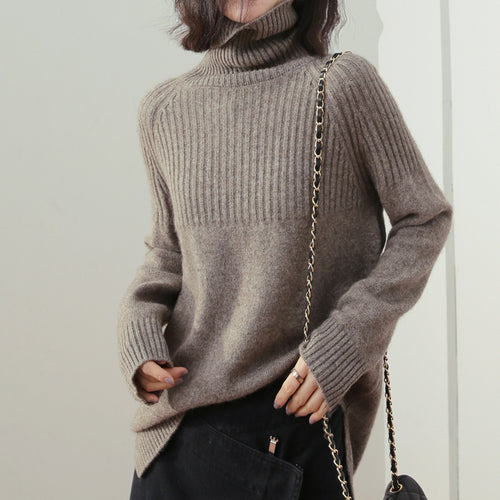 Kvinders strikkede sweater med høj krave og ribbet tekstur Stilla