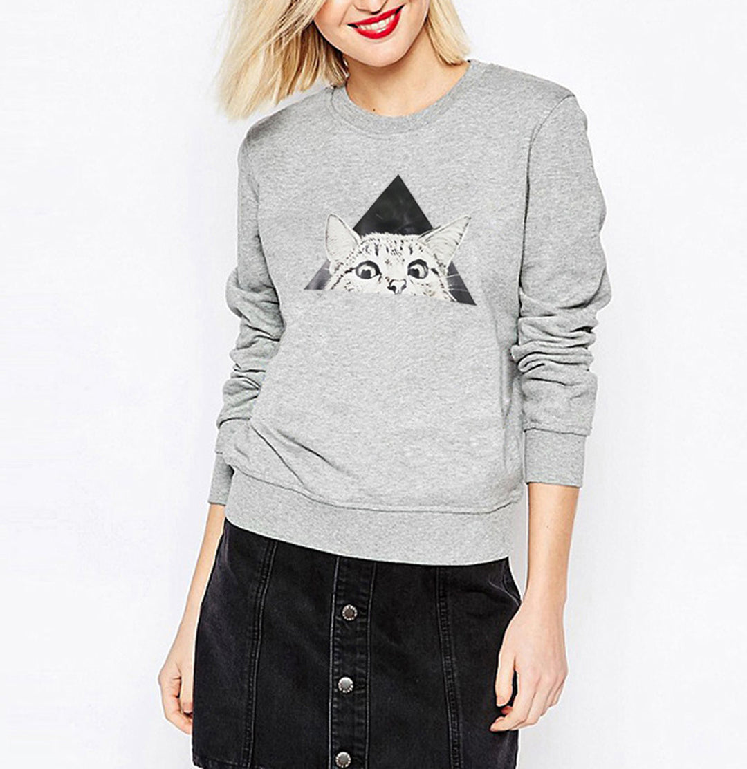 Kvinders sweatshirt med kattemotiver og kreativ geometrisk design Stilla