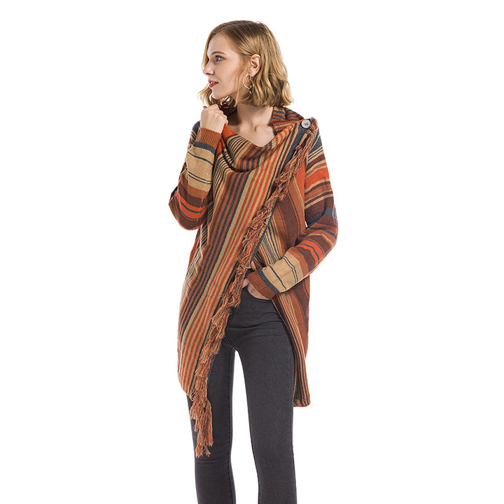 Damer fashionable poncho med frynser og geometrisk mønster Stilla