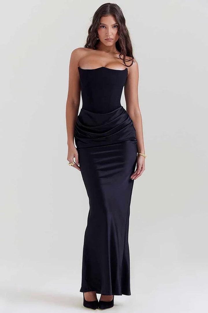 Skovae | Elegant Bustier-Patchwork Formelle Fest Fishtail Maxi Kjoler-Sort