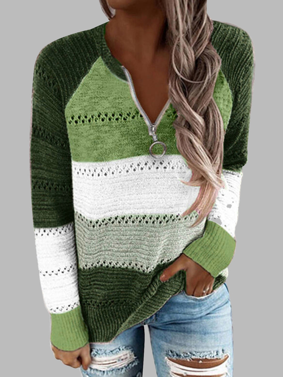 Stilla | Størrelse Farveblok Halv Lynlås Sweater