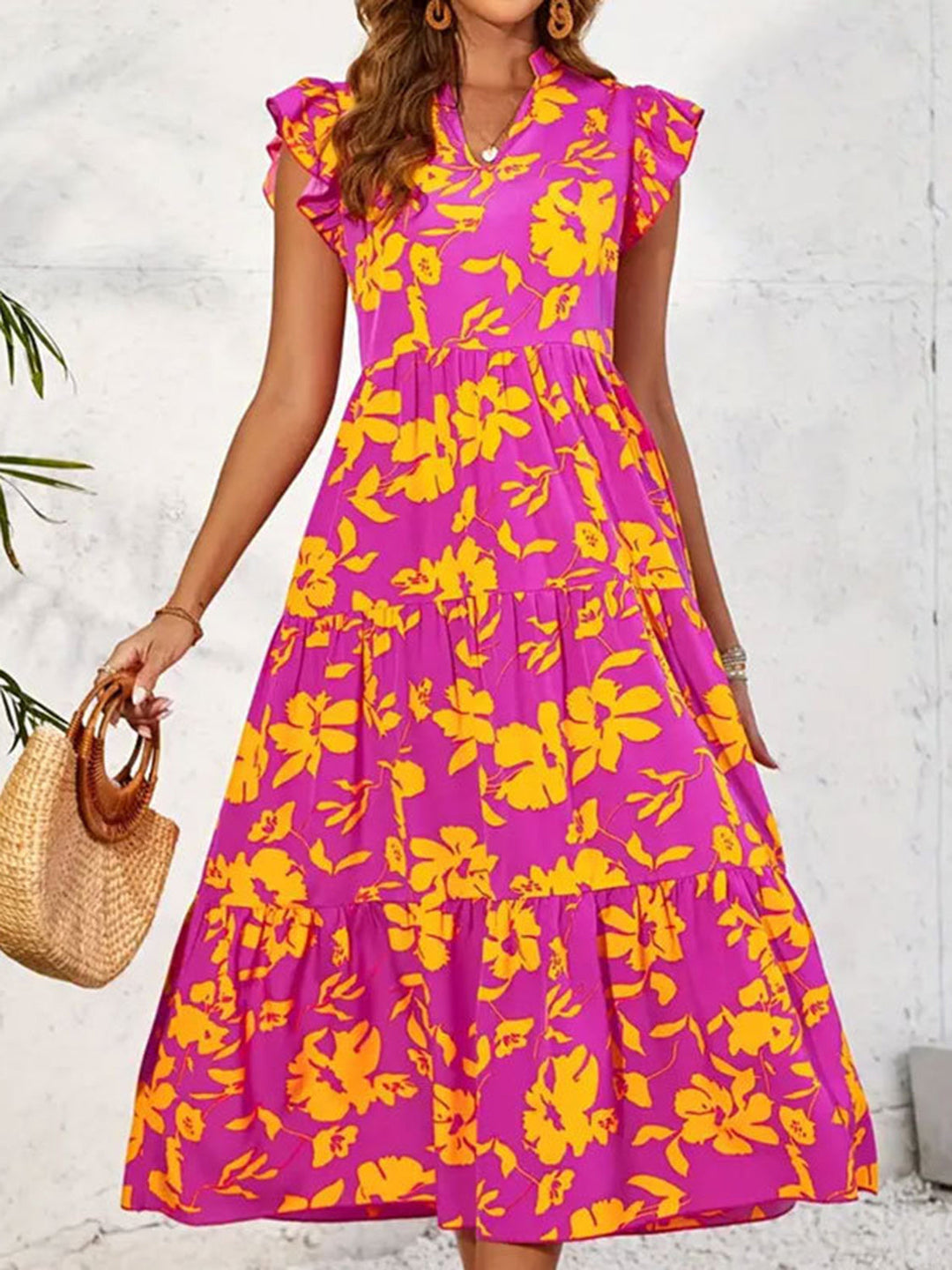 Stilla | Printed Cap Sleeve Midi Kjole