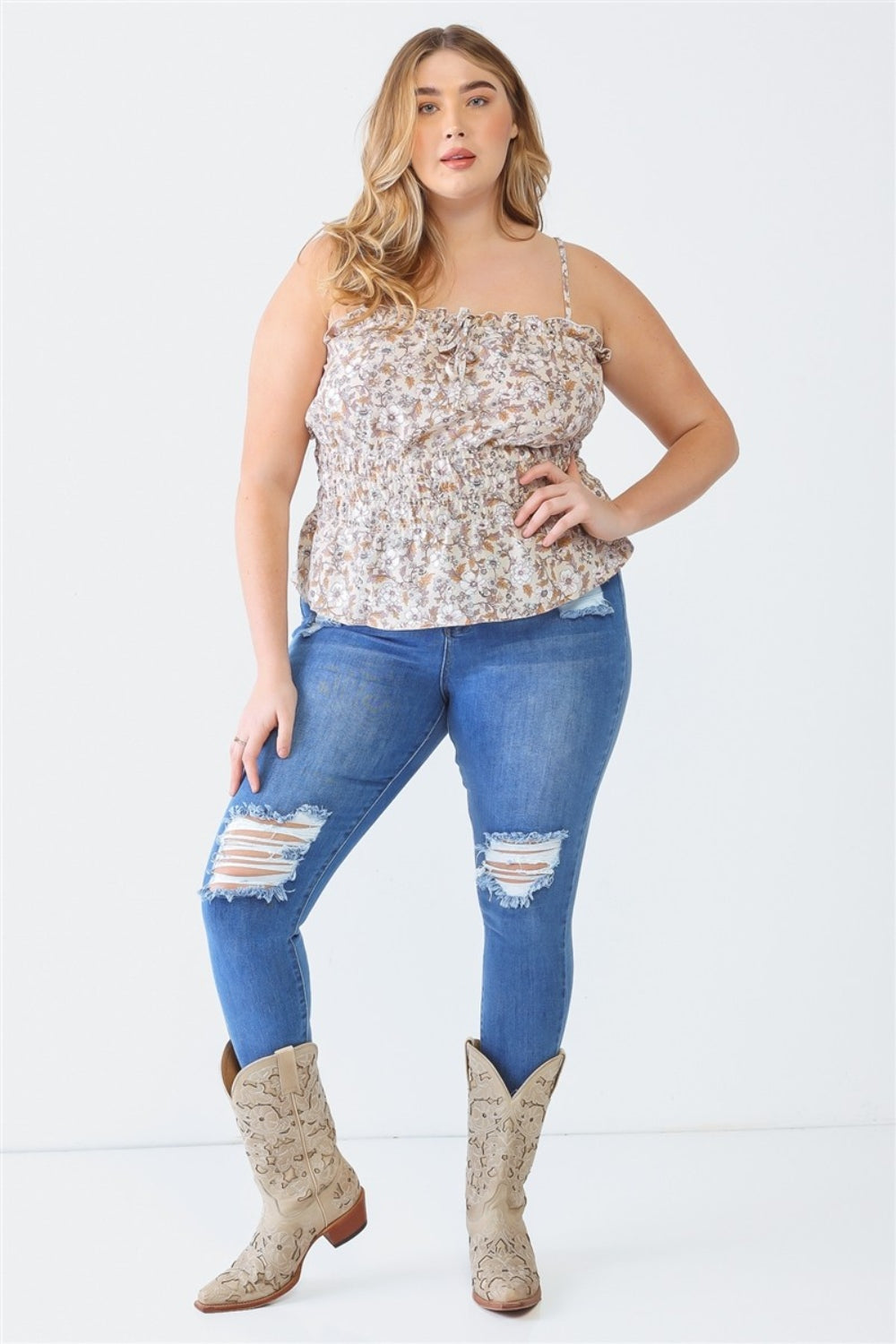 Stilla | Plus Size Flæse Blomster Fyrkantet Hals Cami