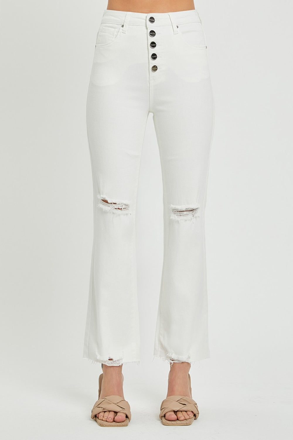 Stilla | Full Size Høj Talje Knap-gennemsigtig Lige Ankler Jeans