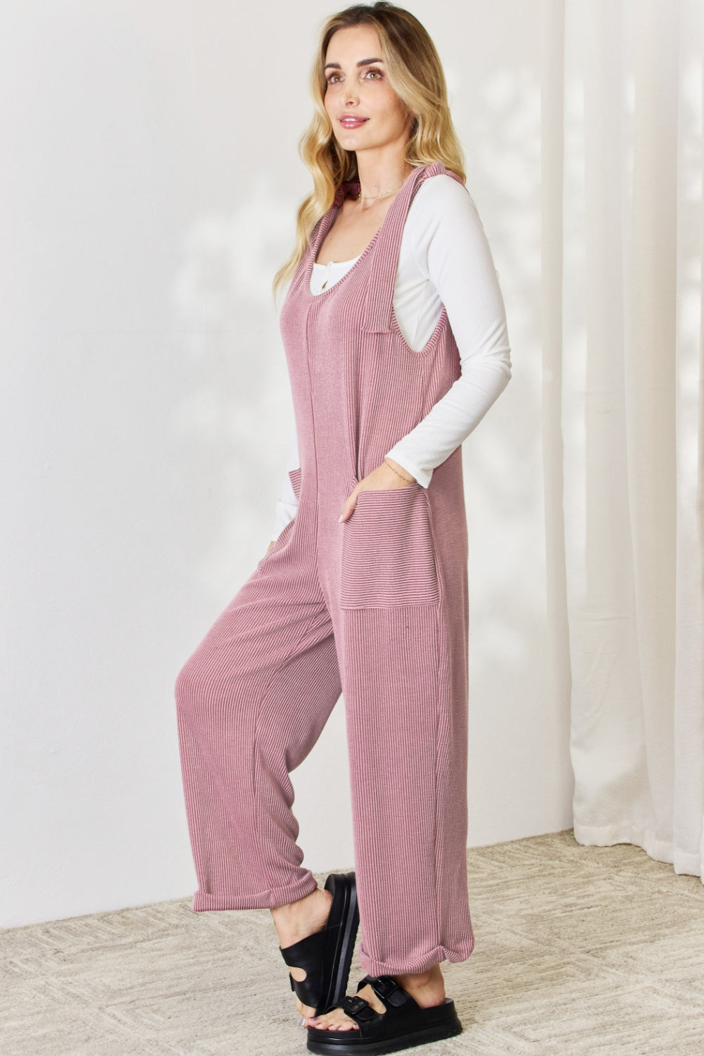 Stilla | Full Size Ribbede Knytte Skulder Ærmeløs Ankel Overalls