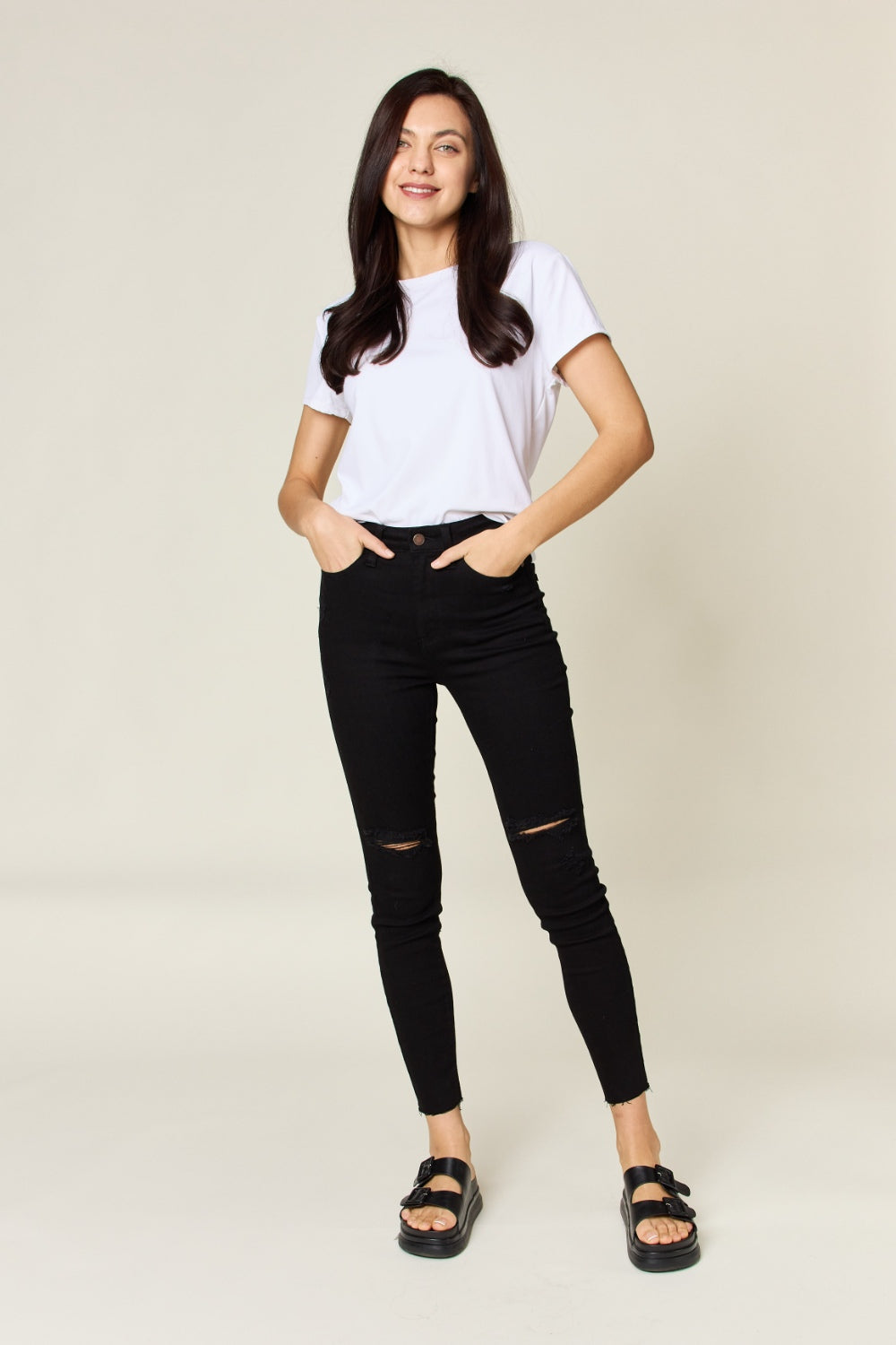 Stilla | Blå Full Size Distressed Tummy Control High Waist Skinny Jeans