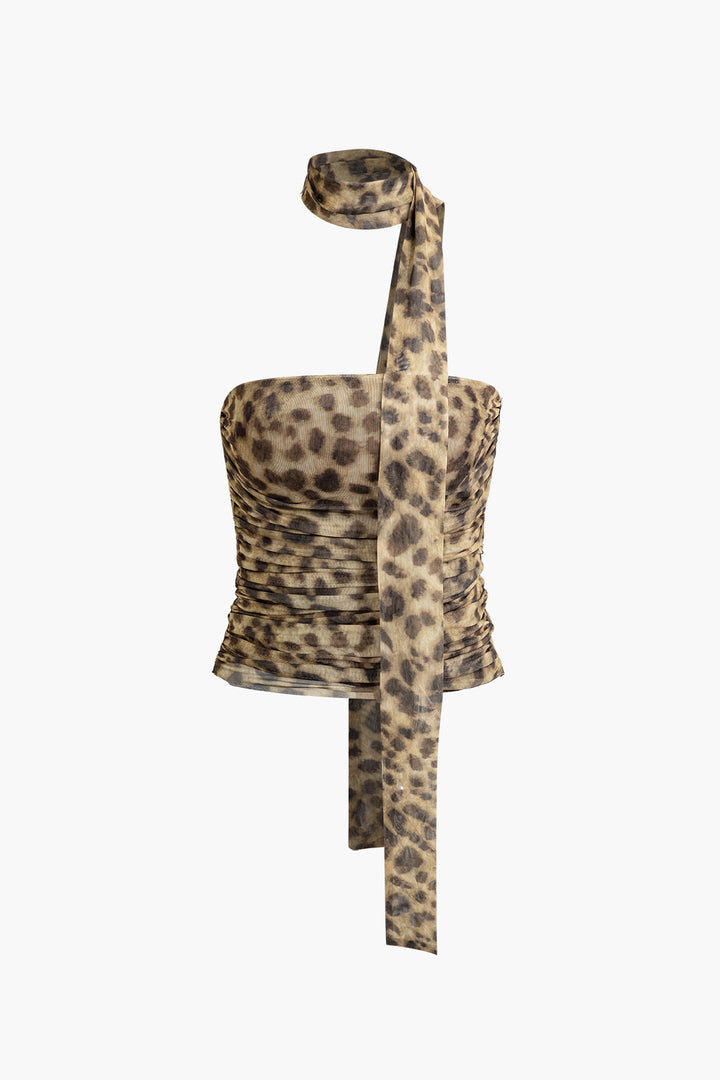 Stilla | Halterneck top i mesh med leopardprint