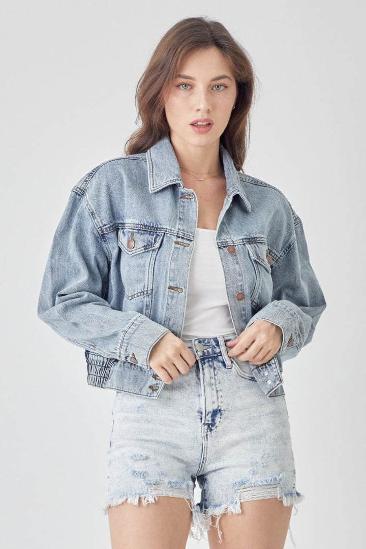 Stilla | Full Size Knap-Ned Cropped Denim Jakke