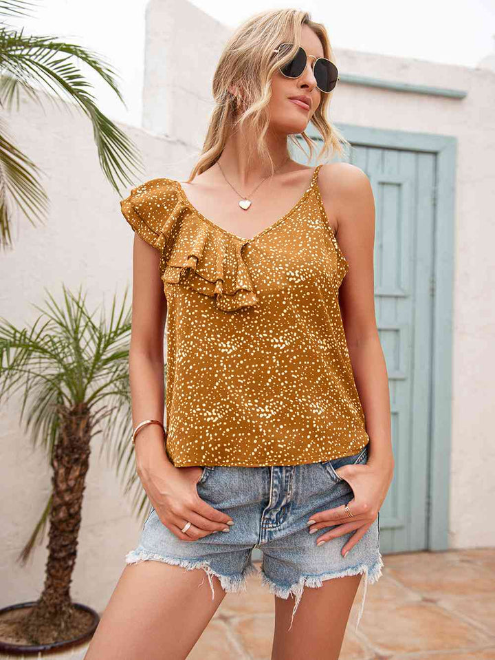 Stilla | Dot Ruffle Trim Asymmetrisk Tank Top