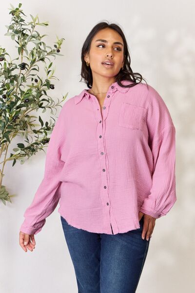 Stilla | Ful Size Texture Button up Raw Hem Langærmet Skjorte
