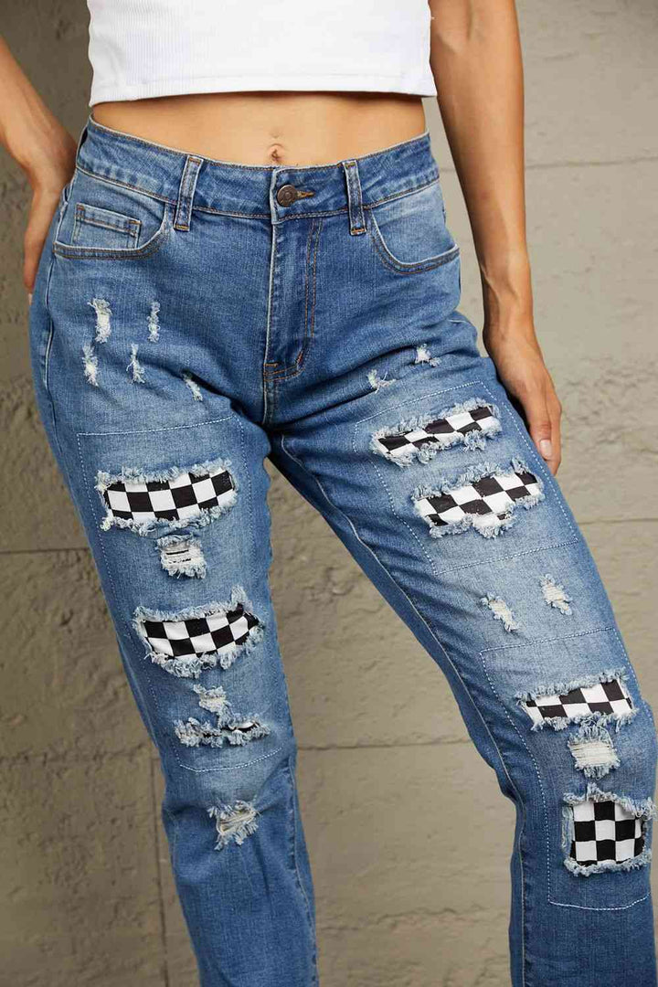 Stilla | Ternede Patches Mid Talje Distressed Jeans