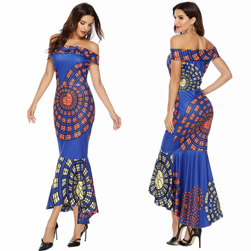 Kvindernes Off-Shoulder Maxi Kjole med Unikt Mønster og Asymmetrisk Kant Skovae