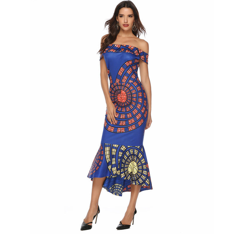 Kvindernes Off-Shoulder Maxi Kjole med Unikt Mønster og Asymmetrisk Kant Skovae