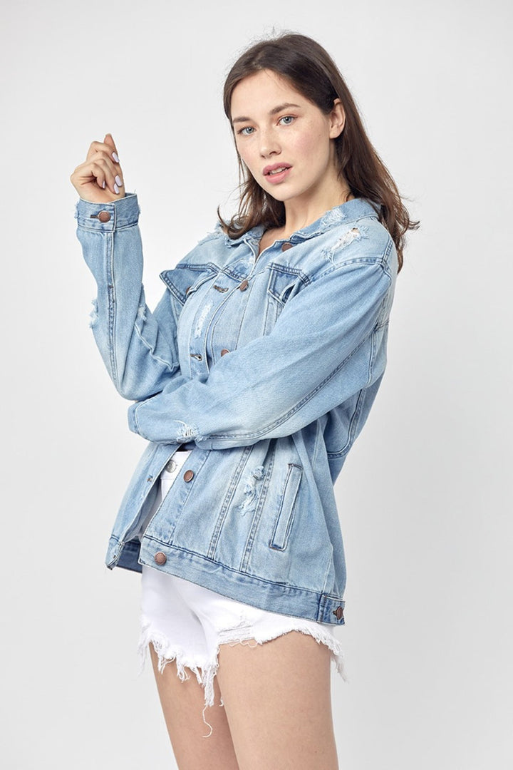 Stilla | Full Size Distressed Long Sleeve Denim Jacket