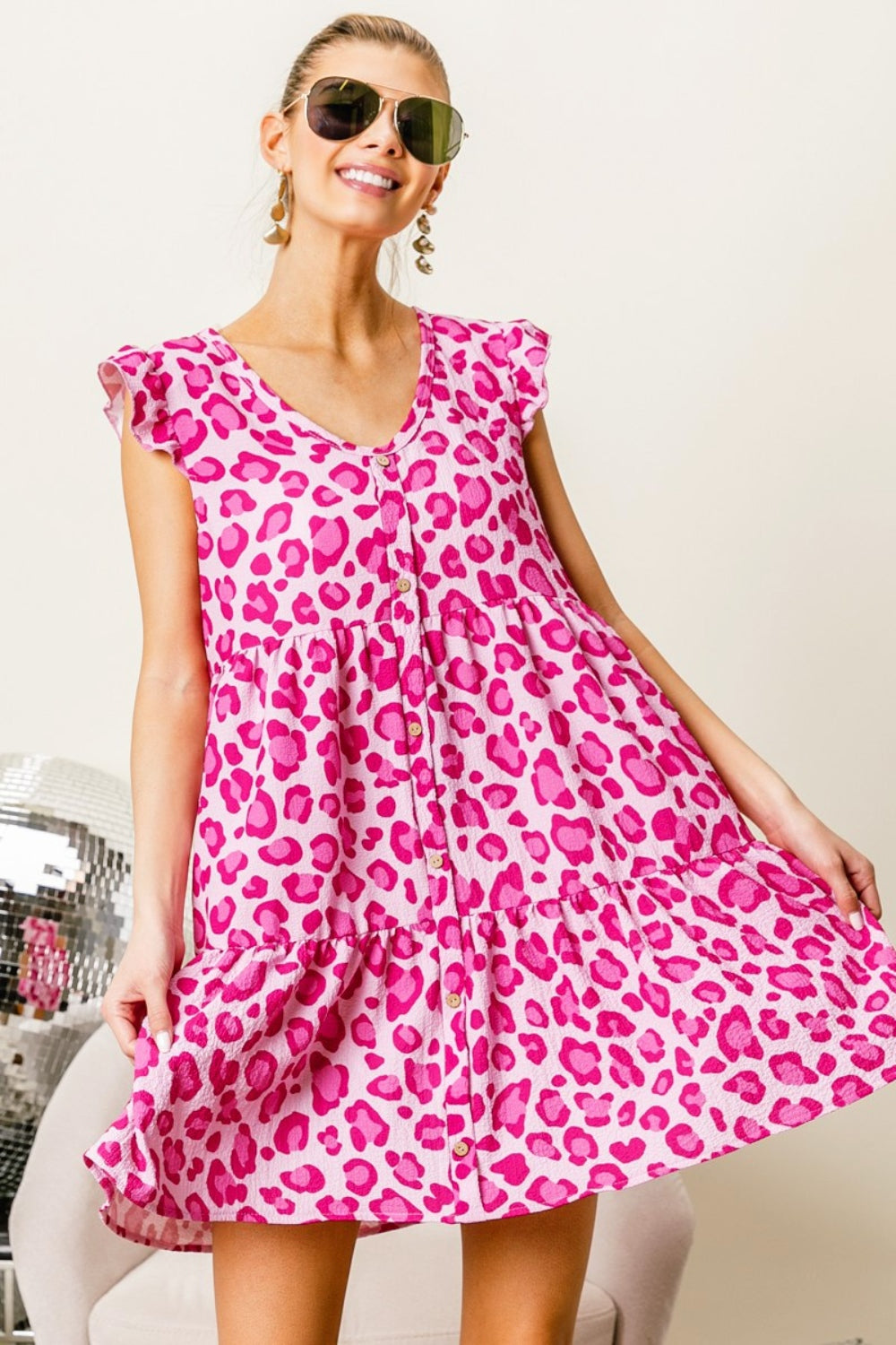 Stilla | Leopard Kappe Ærmel Lagdelt Mini Kjole