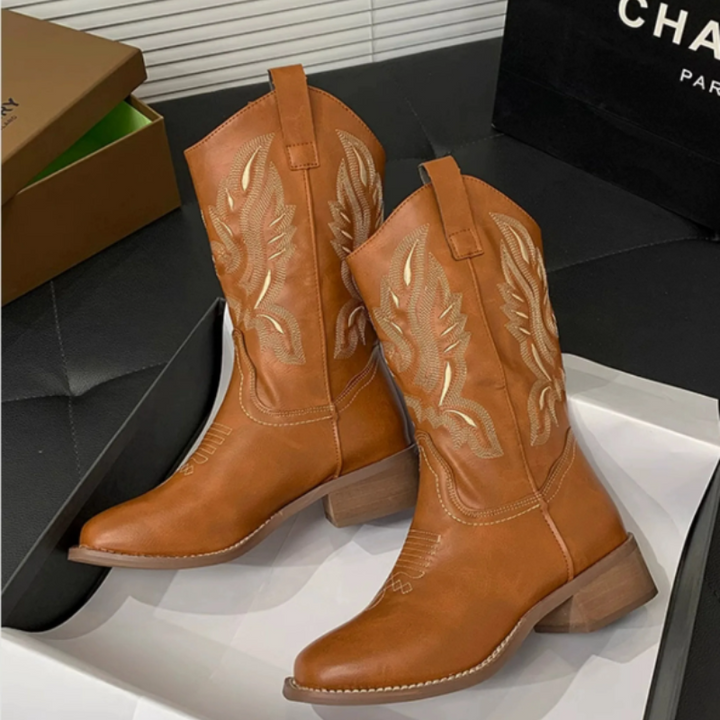 Skovae | Western stil støvler dame med spids tå og blokhæl, cowboy støvler dame
