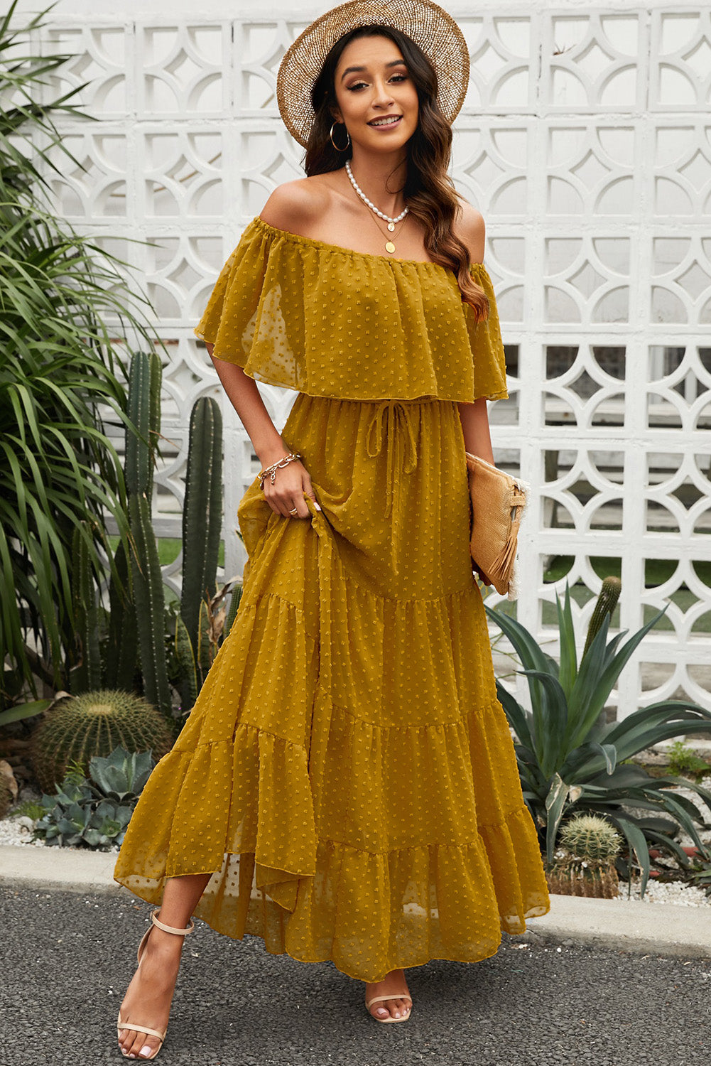 Stilla | Dot Off-Shoulder Lagdelt Maxi Kjole