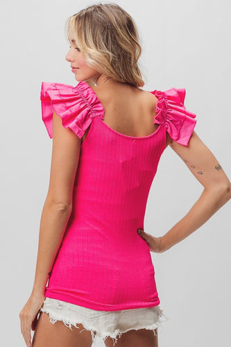 Stilla | Ruffled Shoulder Strap Rib Texture Top