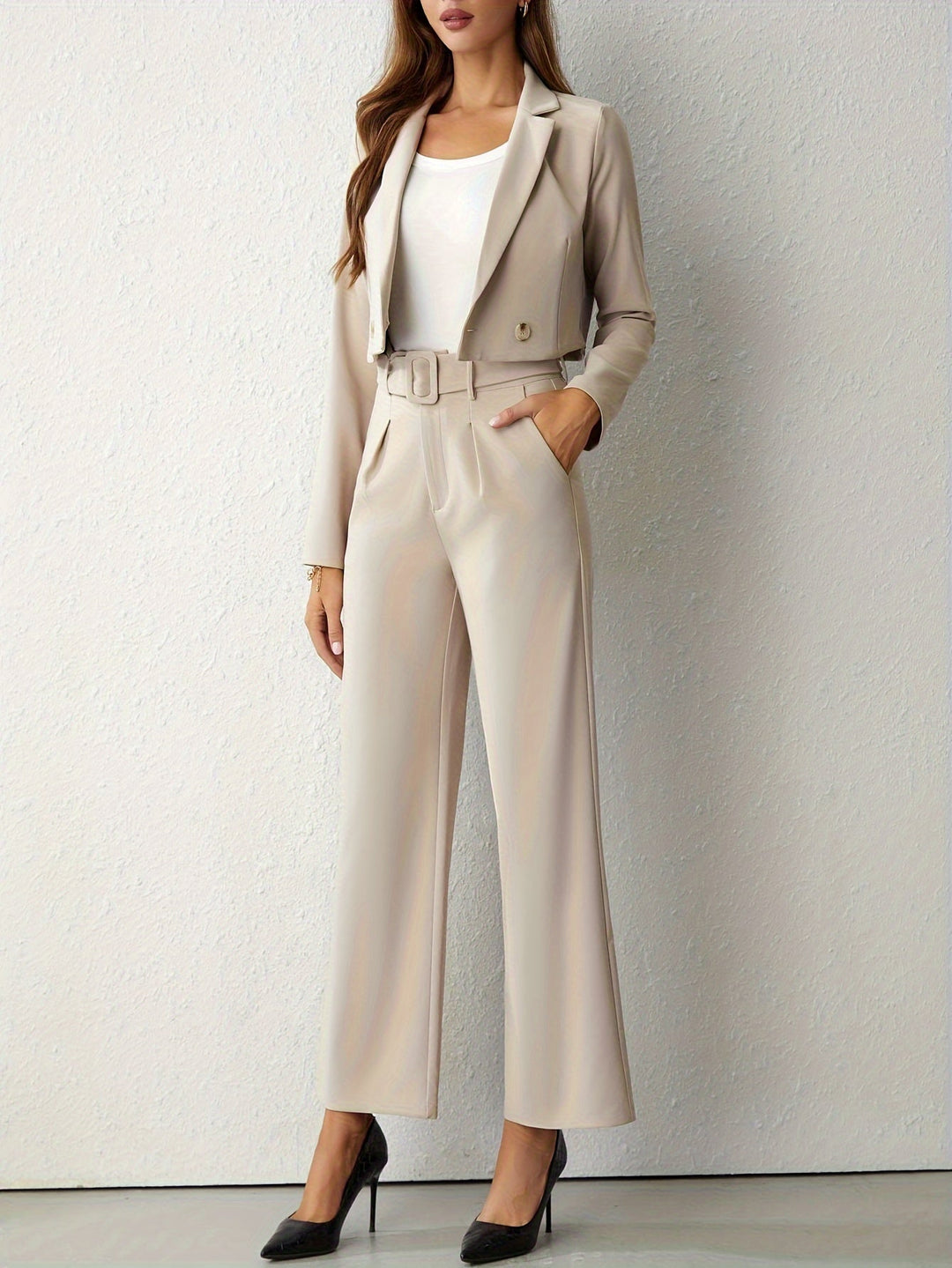 Stilla | Elegante Beige Reversblå Jakke Og Bukser Med Lige Ben