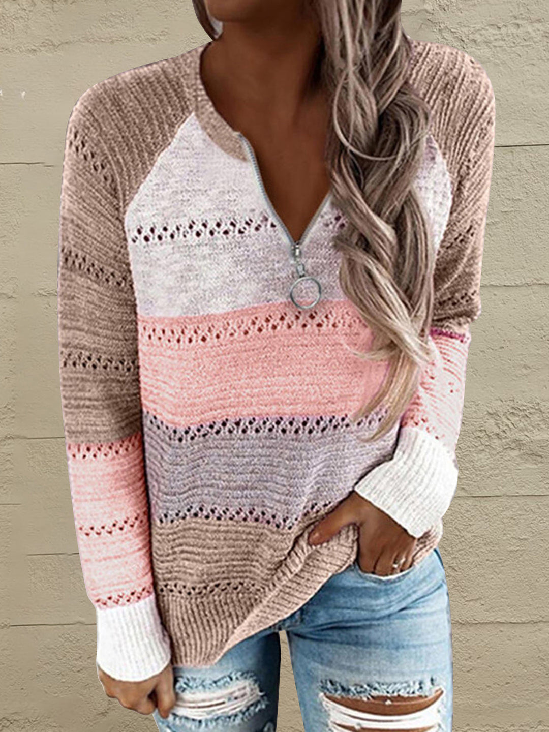 Stilla | Størrelse Farveblok Halv Lynlås Sweater